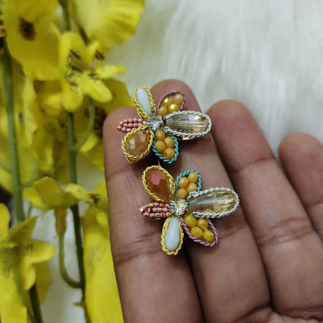 Cute Beads And Stone Flower Earrings - Pink