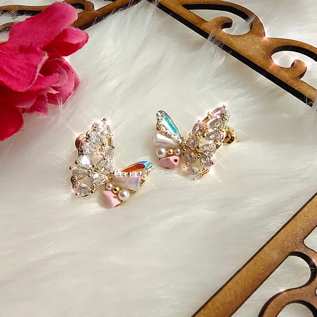 Super Elegant Diamond And Stone Filled Butterfly Earrings - Pink