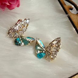 Super Elegant Diamond And Stone Filled Butterfly Earrings - Blue