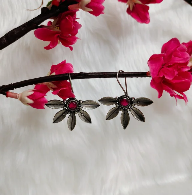 German Silver Replica Oxidised Red Semi Floral Drop Earrings - Maroon