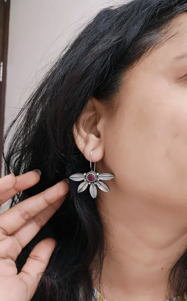 German Silver Replica Oxidised Red Semi Floral Drop Earrings - Maroon