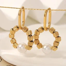 Vintage Style Round Pearl 18k Gold Plated Hoop Earrings