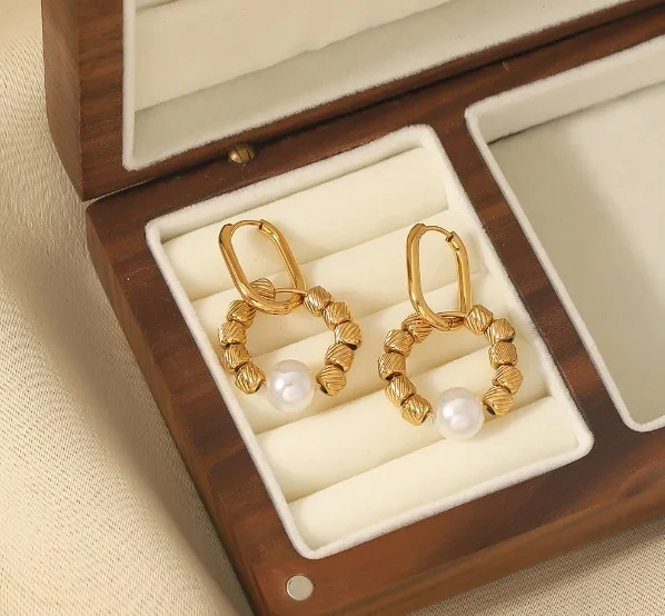 Vintage Style Round Pearl 18k Gold Plated Hoop Earrings