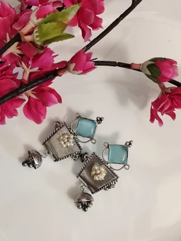Blue Stone German Silver Replica Oxidised Dangler Earrings