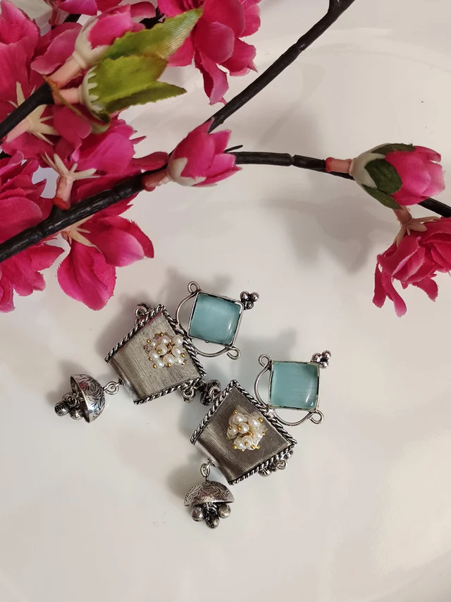 Blue Stone German Silver Replica Oxidised Dangler Earrings