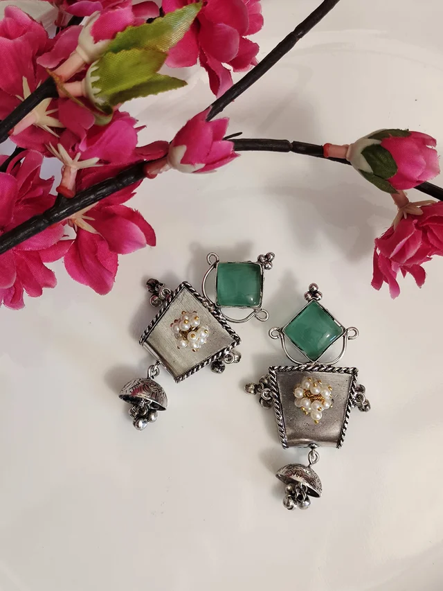Green Stone German Silver Replica Oxidised Dangler Earrings