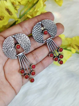 Contemporary German Silver Replica Oxidised Dangle Earrings Red