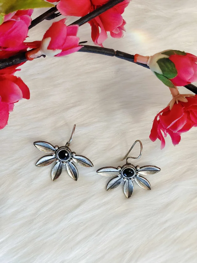 German Silver Replica Oxidised Black Semi Floral Drop Earrings