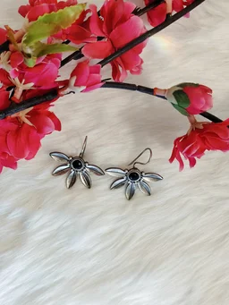 German Silver Replica Oxidised Black Semi Floral Drop Earrings