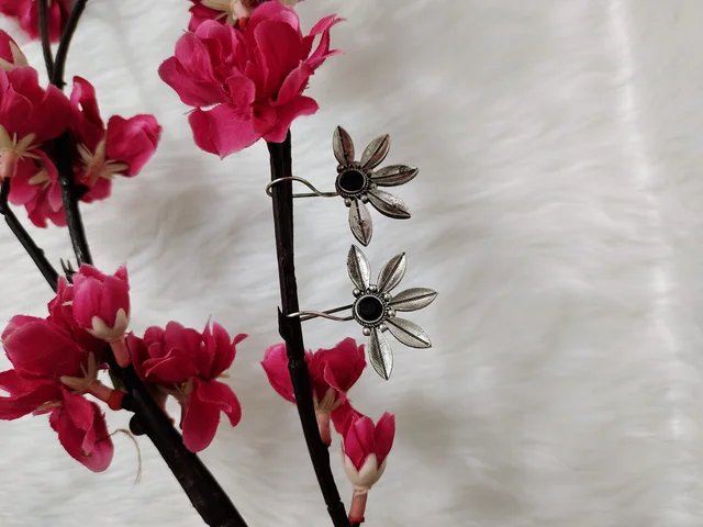 German Silver Replica Oxidised Black Semi Floral Drop Earrings