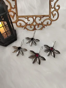 German Silver Replica Oxidised Black Semi Floral Drop Earrings