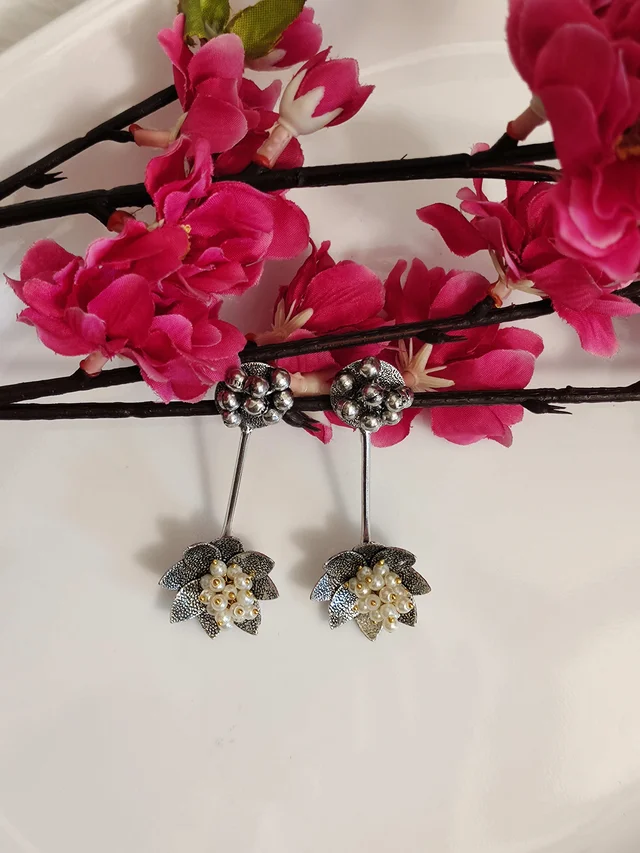 Blooming Flower German Silver Oxidised Earrings