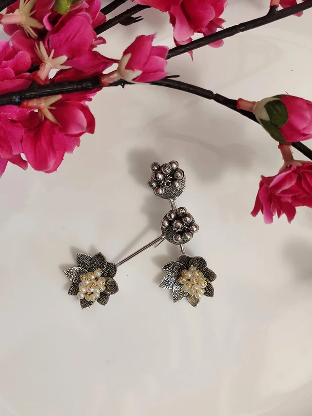 Blooming Flower German Silver Oxidised Earrings