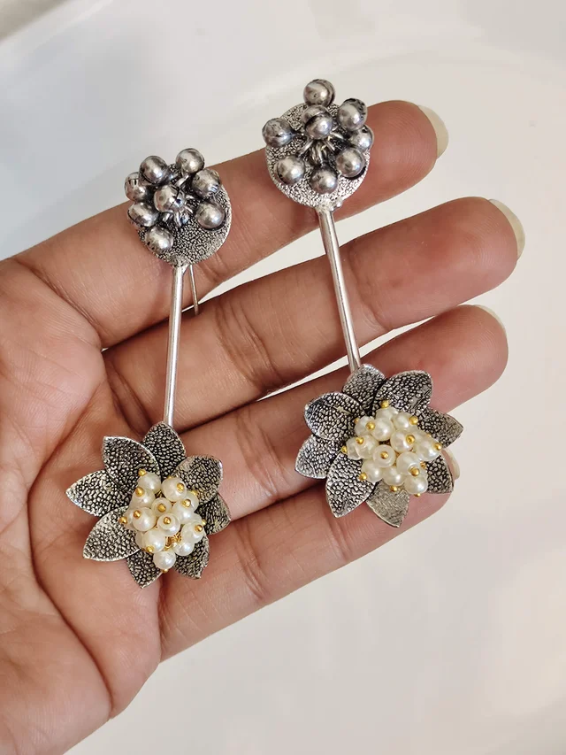 Blooming Flower German Silver Oxidised Earrings