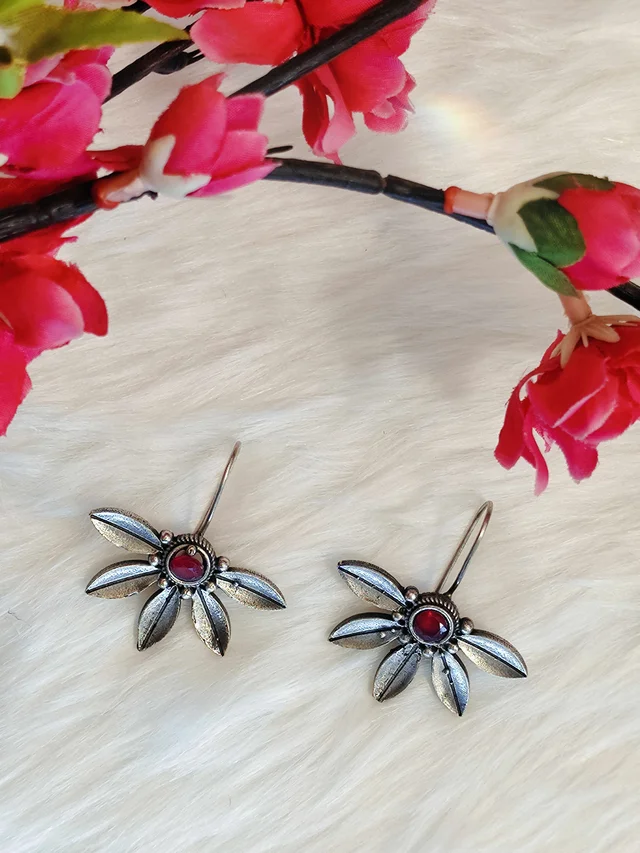 German Silver Replica Oxidised Red Semi Floral Drop Earrings - Maroon