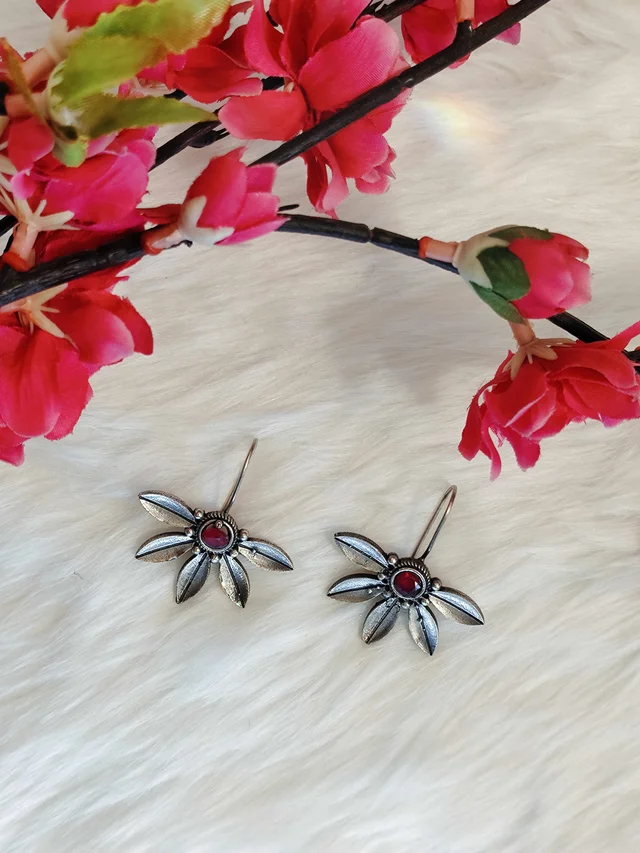 German Silver Replica Oxidised Red Semi Floral Drop Earrings - Maroon