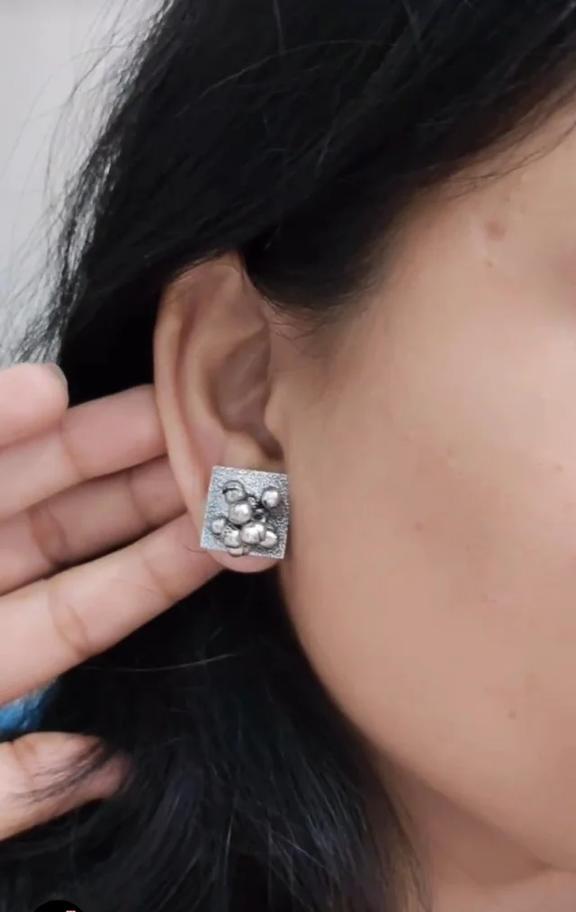 Ghungroo Filled German Silver Oxidised Replica Studs - Gray