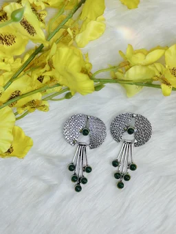 Contemporary German Silver Replica Oxidised Dangle Earrings Green - green