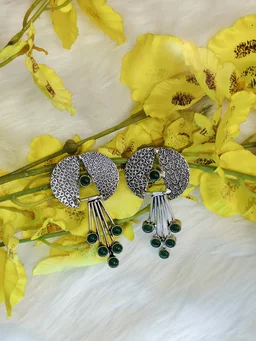 Contemporary German Silver Replica Oxidised Dangle Earrings Green - green