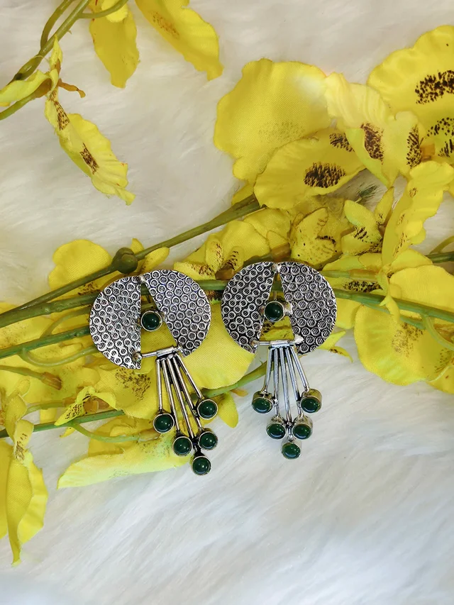 Contemporary German Silver Replica Oxidised Dangle Earrings Green - green