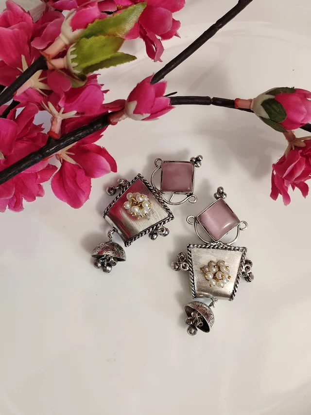Pink Stone German Silver Replica Oxidised Dangler Earrings - Pink Lace