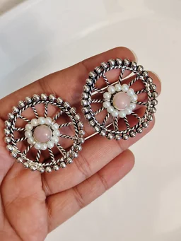 Cart Wheel Style German Silver Oxidised Stud Earrings
