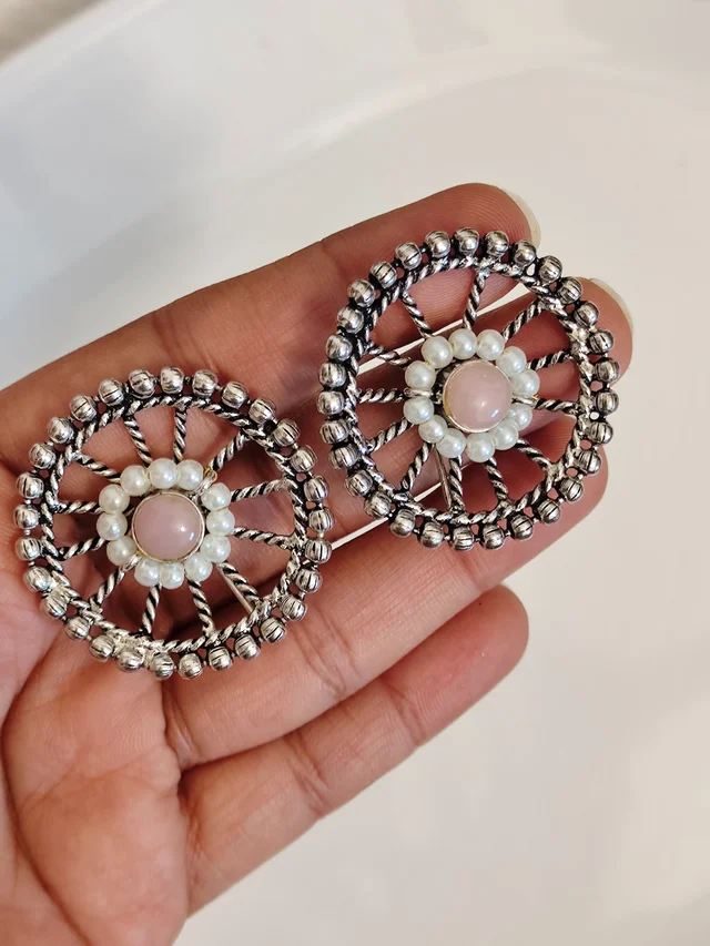 Cart Wheel Style German Silver Oxidised Stud Earrings