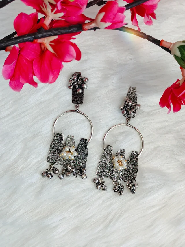 Three Hanging Pillar with Ghungroo Jhumka German Silver Oxidised Earrings