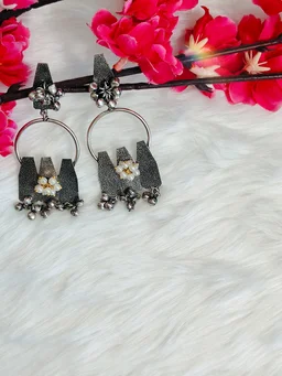Three Hanging Pillar with Ghungroo Jhumka German Silver Oxidised Earrings