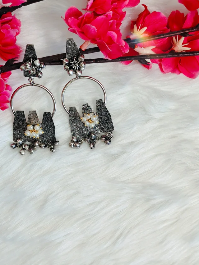 Three Hanging Pillar with Ghungroo Jhumka German Silver Oxidised Earrings