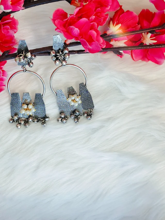 Three Hanging Pillar with Ghungroo Jhumka German Silver Oxidised Earrings