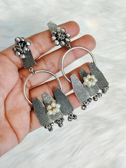 Three Hanging Pillar with Ghungroo Jhumka German Silver Oxidised Earrings
