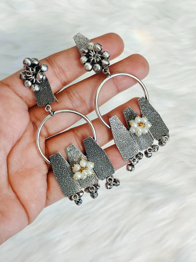 Three Hanging Pillar with Ghungroo Jhumka German Silver Oxidised Earrings
