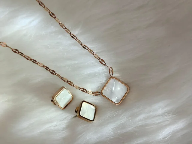 Anti Tarnish Square Pendant And Earring Set White - Free Size, White