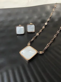 Anti Tarnish Square Pendant And Earring Set White - Free Size, White