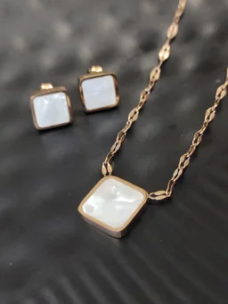 Anti Tarnish Square Pendant And Earring Set White - Free Size, White