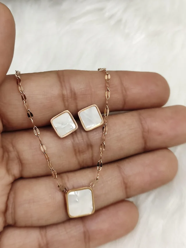 Anti Tarnish Square Pendant And Earring Set White - Free Size, White