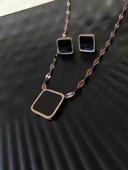 Anti Tarnish Square Pendant And Earring Set Black