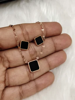 Anti Tarnish Square Pendant And Earring Set Black
