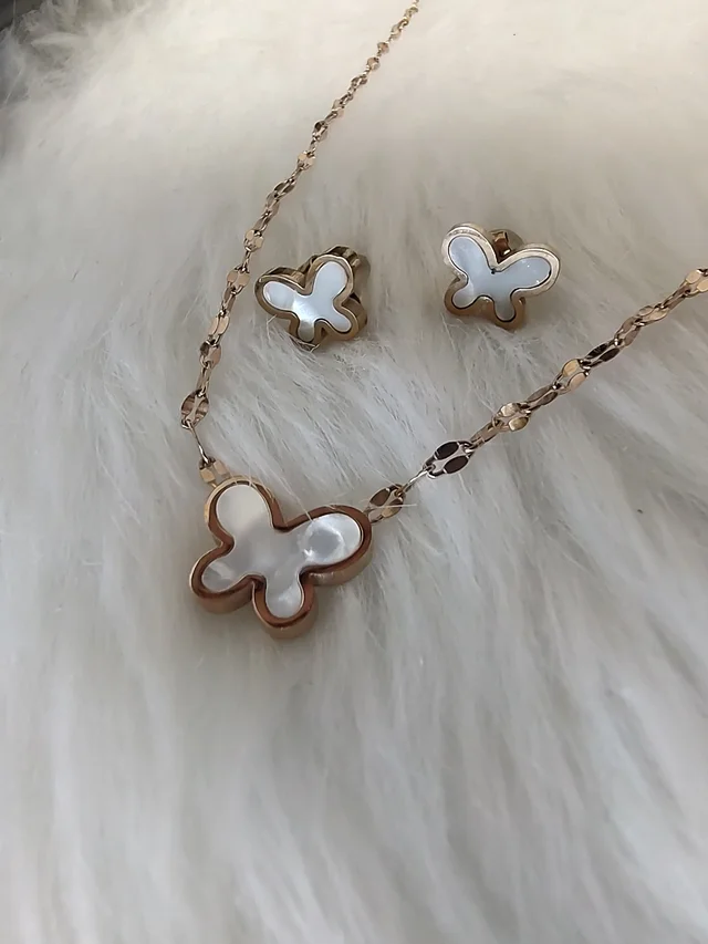  Anti Tarnish Butterfly Pendant And Earring Set White