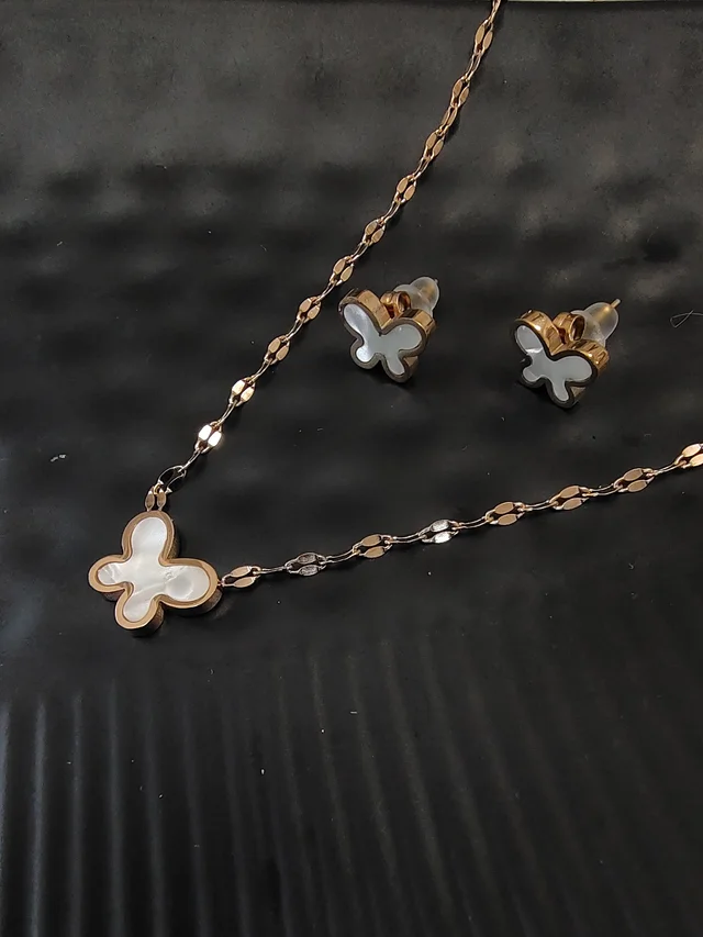 Anti Tarnish Butterfly Pendant And Earring Set White