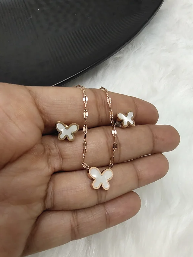 Anti Tarnish Butterfly Pendant And Earring Set White