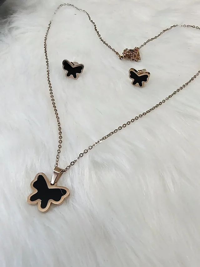  Anti Tarnish Butterfly Pendant And Earring Set Black 