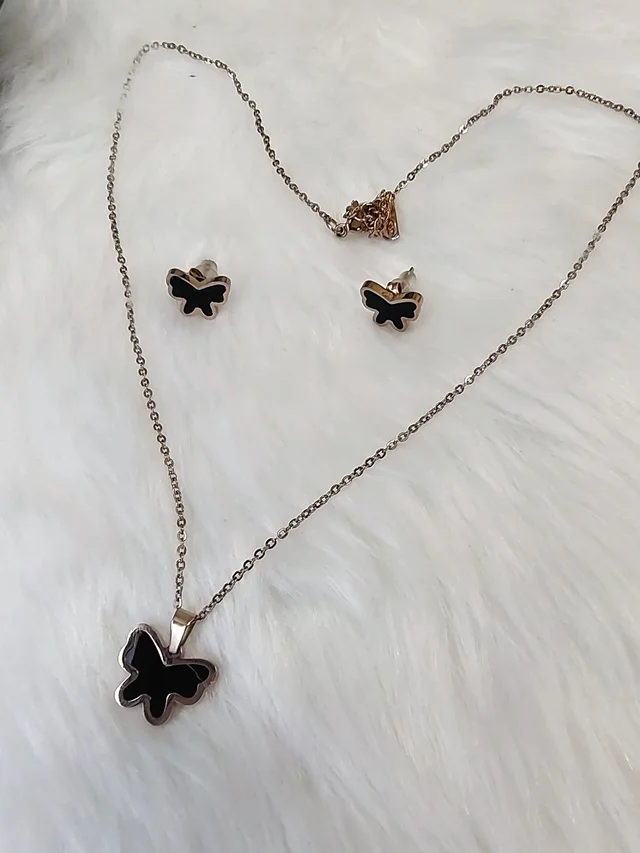 Anti Tarnish Butterfly Pendant And Earring Set Black