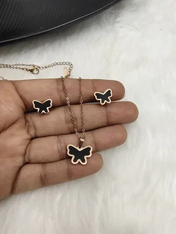 Anti Tarnish Butterfly Pendant And Earring Set Black