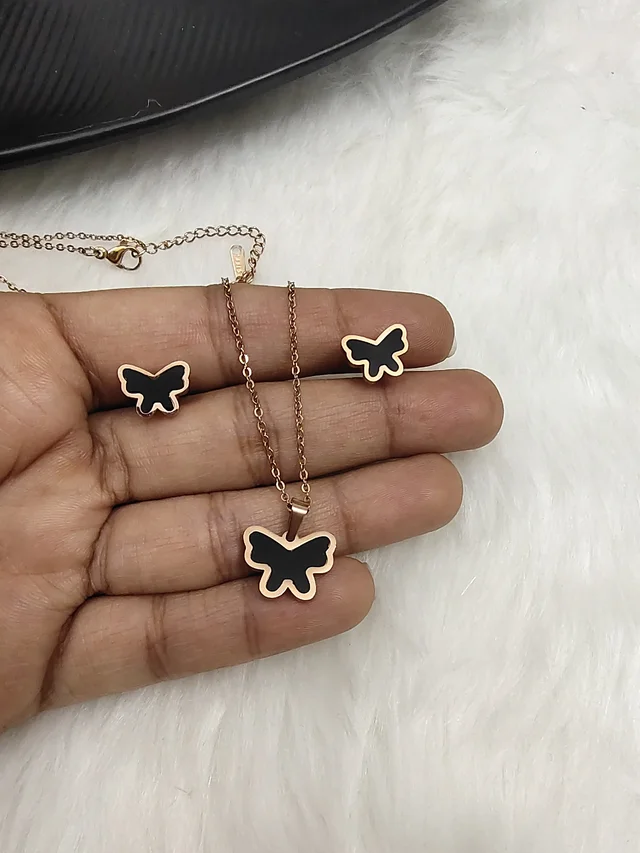 Anti Tarnish Butterfly Pendant And Earring Set Black