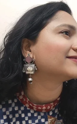 Pink Stone German Silver Replica Oxidised Dangler Earrings - Pink Lace