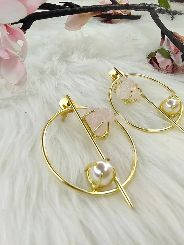 Natural Raw Stone And Pearl Earrings