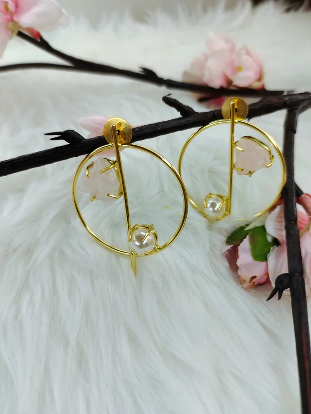 Natural Raw Stone And Pearl Earrings
