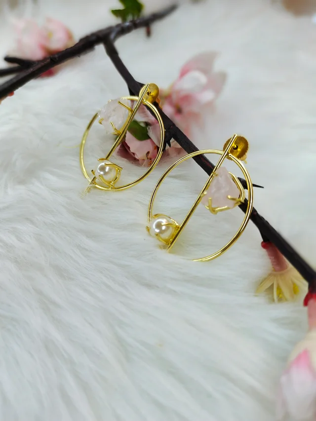 Natural Raw Stone And Pearl Earrings